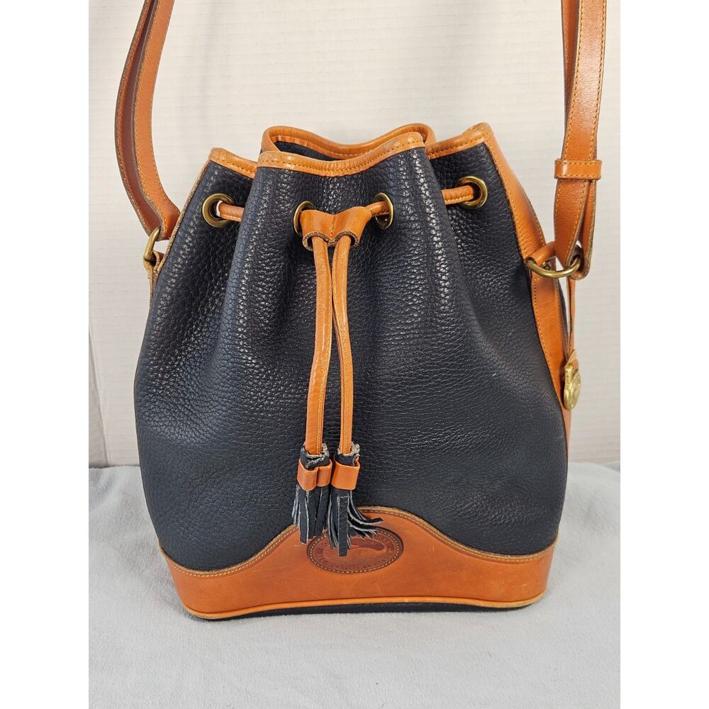 Vintage Dooney & Bourke AWL Drawstring Bucket Bag British Tan Leather Heavy Wear